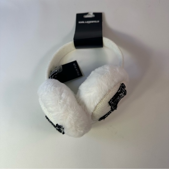 New Women’s Karl Lagerfeld Logo Knit & Faux Fur Earmuffs - Picture 2 of 6